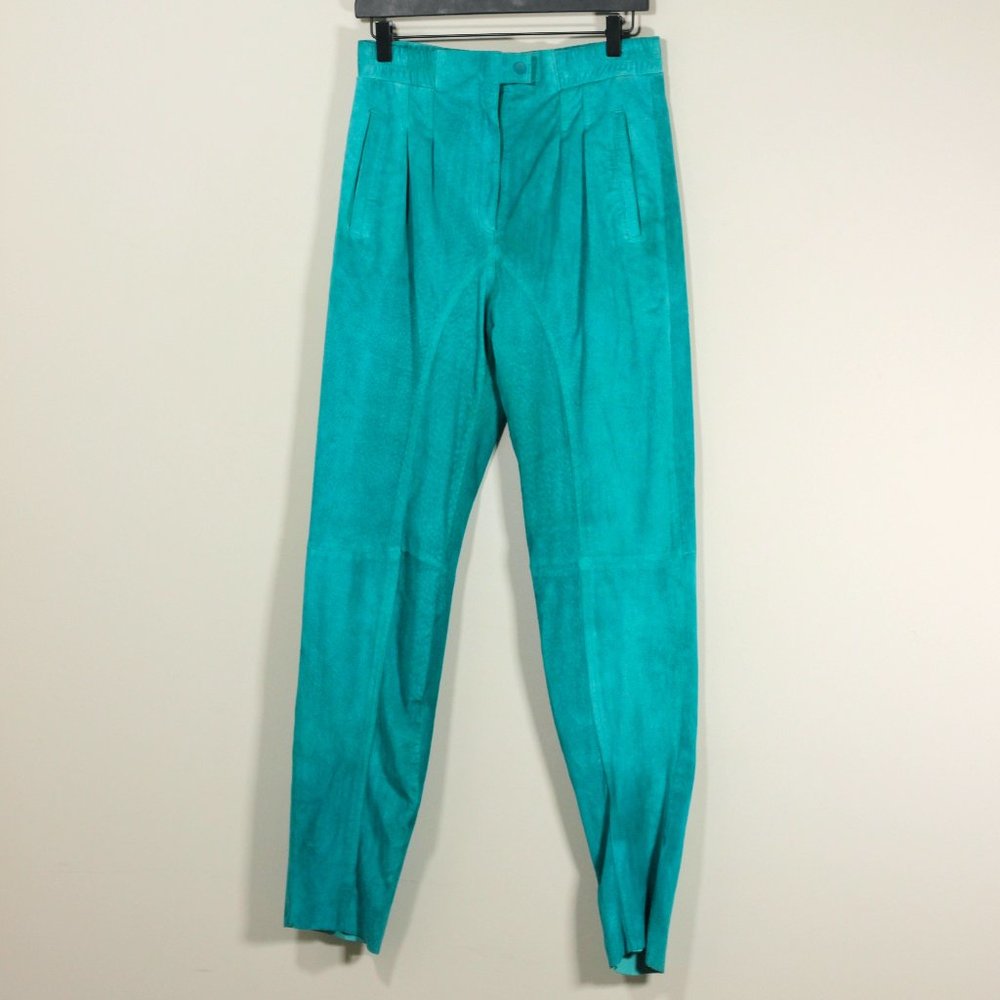 Vintage 1980s Suede Genuine Leather Turquoise Blue Pleated High Waisted Pants